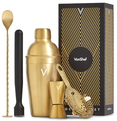 VonShef Cocktail Shaker Set, Gold 5pc Set with 550ml Manhattan Cocktail Shaker, Professional Bartender Set for Home Bar, Including Strainer, Muddler & Other Bar Accessories, Gift Box Included