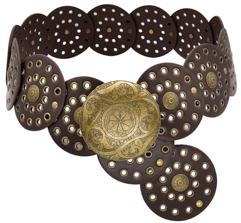 WULIQIUQIU Ceinture large à disque pour femme Boho Concho Ceinture en cuir vintage Western, café, 130 cm