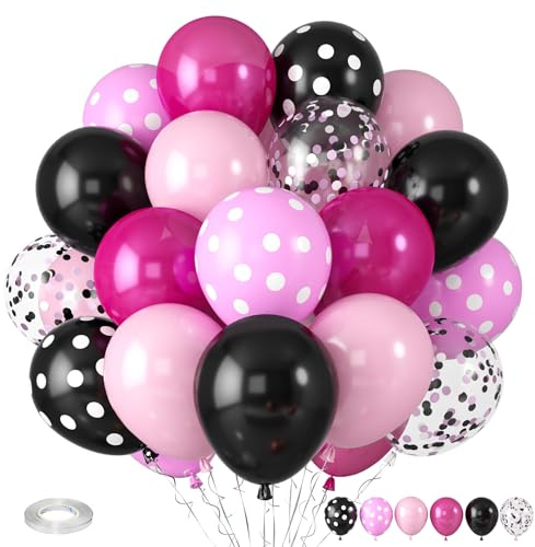 Pink and Black Balloons, Hot Pink Balloons White Dots Black White Dots Balloon with Confetti Balloon for Girls Theme Birthday Baby Shower Women Bridal Wedding Party Decorations