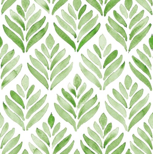 Carta da Parati Floreale Verde, 44.5 x 500 cm Carta da Parati Bianco e Verde Fiori Foglie Piante Moderna Acquerello Foglie Verdi Boho Pellicola Adesiva per Mobili,Camera da Letto,Soggiorno,Bagno