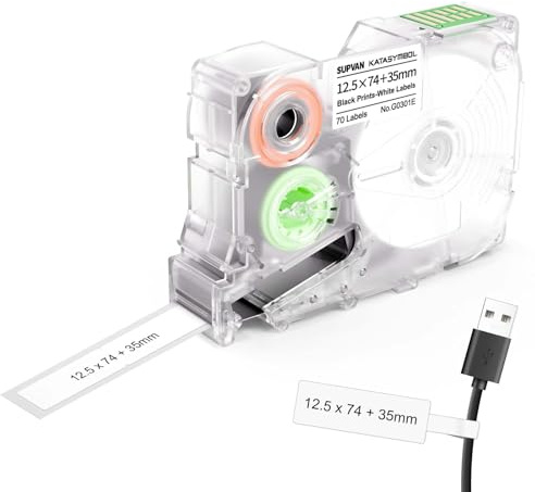 SUPVAN G15M Kabel Etikettband, 12.5mm x (74mm + 35mm), 70 psc, Svart På Vit | Termisk Överföring, Vattentålig, Oljebeständig, Blekningsfri, Självhäftande, 10 Års Hållbarhet, Kontor, Utomhus & Industri