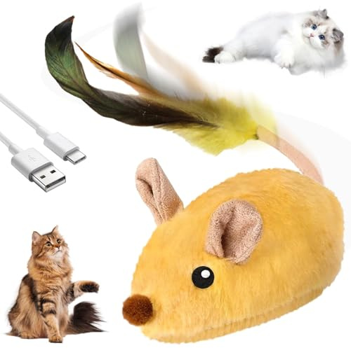 TaimeiMao Giocattolo per Gatti, Topolino Magico, Topolino Giocattolo con Coda di Piume, Ricaricabile tramite USB, Topolino Giocattolo Interattivo per Gatti (Giallo)