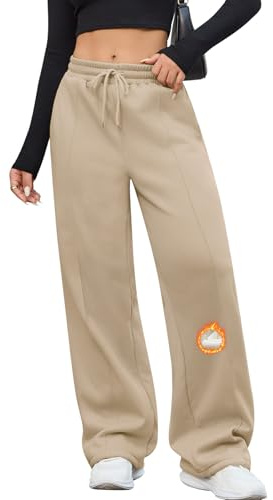PASUDA Pantalones Chándal para Mujer Invierno Térmicos Pantalones con Forro Polar Casuales Ancho Pantalon Deporte Jogging Cálidos con Cordón Ajustable y Bolsillos (Caqui, XL)