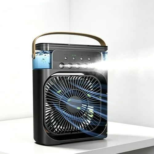 Peixiong Ventilador de Escritorio con Niebla, Mini Ventilador Portátil Acondicionado 4 en 1, 3 Velocidades, Temporizador, Portátil y Silencioso, Enfriador de Aire para Hogar y Exteriores (Negro)