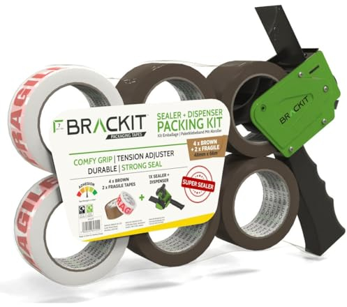 brackit Packing Tape Set Brown and Fragile and Clear with Dispenser, 48mm x 66m, Pack of 6 Rolls – Strong Seal Tape for Regular Packing Use or Moving