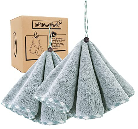 myHomeBody Hand Towels with Hanging Loops, kitchen hand towel, Pine Green | Kitchen Towels for Hanging, Absorbent Charcoal Fiber Cleaning Clothes with Coconut Shell Button for Kitchen, Round Shape