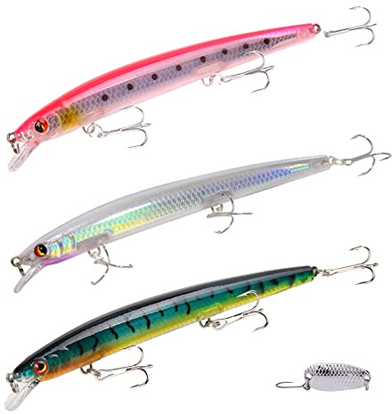 EQLEF Set Esche da Pesca, Treple Hooks Minnow Lures Esche con Paillettes in Banda stagnata Esche finte simulate per Bass Trota Saltwater Freshwater (4 Pezzi)