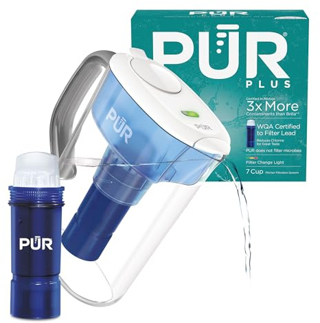PUR Plus 7-Cup Water Filter Pitcher for Fridge, Cleaner, Great-tasting Water, Dishwasher Safe, Powerful Filtration, Change Light Indicator, LockFit Cap Design, White