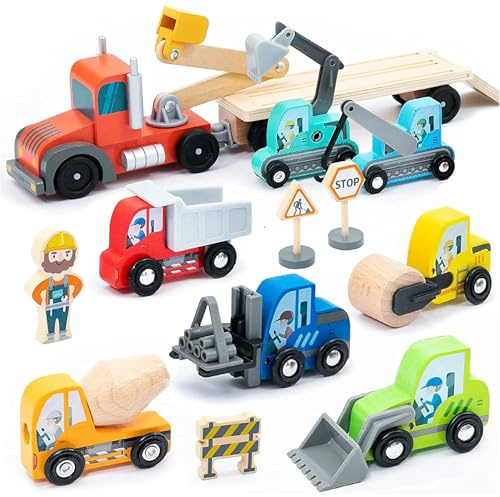 UMU® Holz Baufahrzeug Transporter Spielset für Kinder kompatibel mit Brio World Eisenbahn Sets & Anderen Marken, Spielzeug enthält Bagger, Kran, Walze u. v. m, 14 STK Set für Kinder ab 3, 4, 5 Jahre