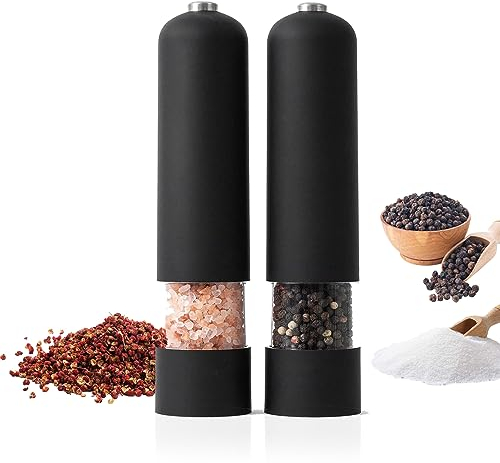 Macina Sale e Pepe Elettrico, 2 Pezzi Macinapepe Elettrico, Macinino Automatico per Spezie, Macina Pepe in Acciaio Inox con Grossolanità Regolabile Per Sale e Pepe, Sale Marino, Pepe in Grani