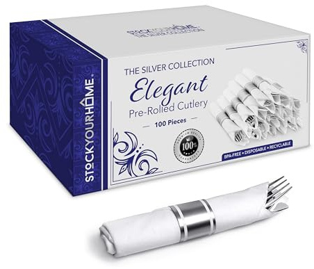 400 Pieces Pre Rolled Silver Plastic Cutlery Set, Individually Wrapped Plastic Silverware Set with 100 Forks, 100 Knives, 100 Spoons, 100 Napkins, Utensils for Weddings, Service for 100 Guests