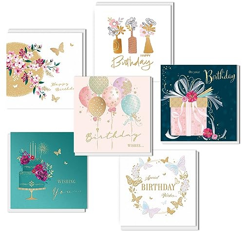 Piccadilly Greetings Pack Of Assorted Birthday Cards Multipack for Women| Pack Of 6 | 16 x 16 cm | Includes 6 Designs, with White Envelopes, Suitable for All Occasions