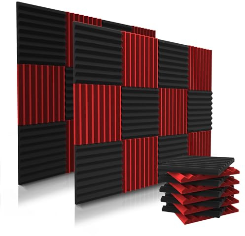 52 Pack Acoustic Panels 1 X 12 X 12 Inches - Acoustic Foam - Studio Foam Wedges - High Density Panels - Soundproof Wedges - Black/Red