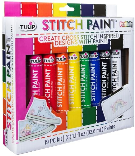 Tulip Weiche Textilfarben Multi Stitch Paint Kit - 8 st. von 32,6 ml - Waschmaschinenfeste Stofffarbe für Textilien, Baumwolle, Polyester & Mehr – Inkl. Präzisionsspitzen, Musterbögen und Anleitung