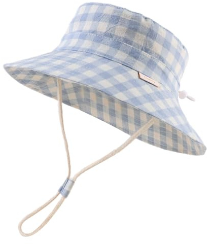 Bamery Baby Toddler Girls Bucket Hat Newborn Sun Hats for Boys Classic Infant Summer UV Protection Hats Kids Beach Cap (54cm, Blue Lattice)