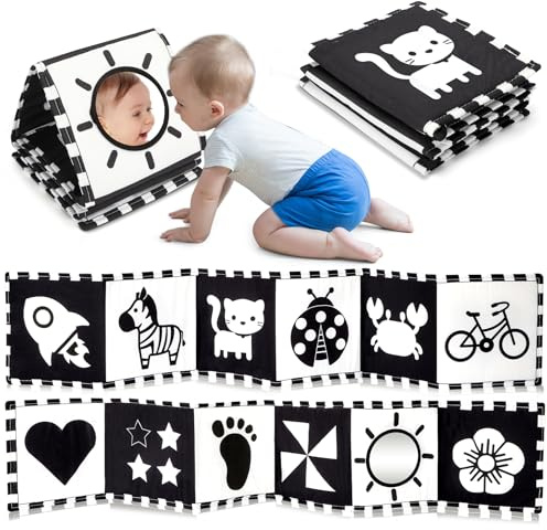 URMYWO Livre Tissu bébé eveil,Livre Noir et Blanc Bébé Montessori,Livre sensoriel pour bébé à Fort Contraste,Jouet Bebe 0 3 6 12 Mois Livres d'éveil Cadeaux pour bébés