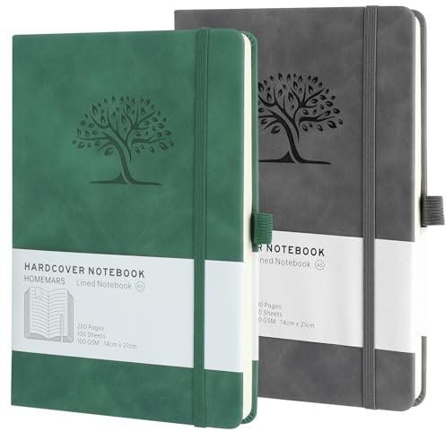 HOMEMARS Notizbuch, Notebook, A5, Journal buch, Reisetagebuch, Liniert A5, Notizblock, Notizbücher A5, 100GSM, 200 Pages, 2 Stück, Reisetagebuch, Notizbuch Leder,Prägebaum Design,Grün Grau