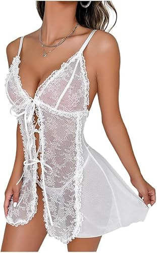 HOTSO Women's Sexy Babydoll Lingerie Set Sheer Floral Lace Chemise White