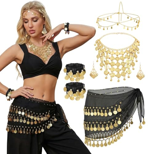 HarnyLoom 6 pezzi accessori per la danza del ventre, da donna, per la danza del ventre, per la vita, orecchini, collane, bracciali e copricapo, costume da ballerina del ventre, costume da donna per