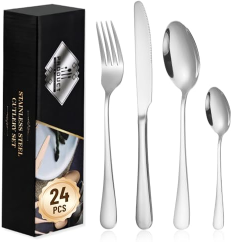 Bizcasa bestickset 6 personer, bestickset 24 delar, inklusive kniv, gaffel, sked, bestick rostfritt stål spegelpolerad, diskmaskinssäker, 2,5 mm för hem/fest/restaurang klassisk och enkel design