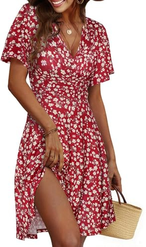 Cicy Bell Dam blommig sommarklänning A-linje mididress med v-ringad omlott kortärmad ledig strand festklänningar