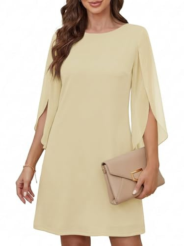 Cicy Bell Robe de cocktail élégante à col rond pour femme - En maille - Manches 3/4 - Couleur unie - Robe décontractée - Robe d'été, Abricot, L