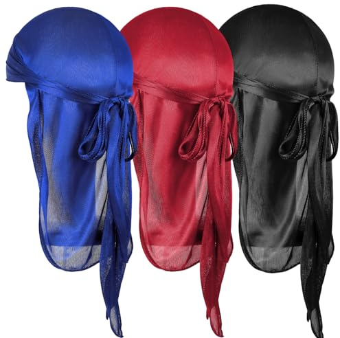 Wanmu 3Pcs Kids Satin Durags Head Wrap Durag Cap with Long Tail Wide Straps | Long Tail, Wide Straps, 360 Waves, Soft Silk Head Wrap, Unisex