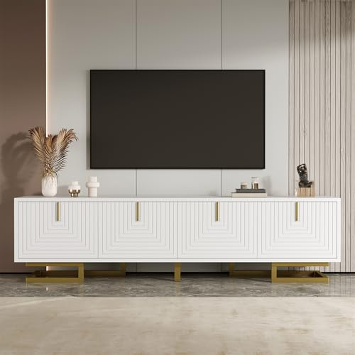 QXJVA TV-skåp, 160 cm, vitt & guld, lågbord med strukturerad relieffront & Soft-Close, 4 dörrar med justerbara fötter, TV-möbel för vardagsrum, TV-kommod, TV-stånd