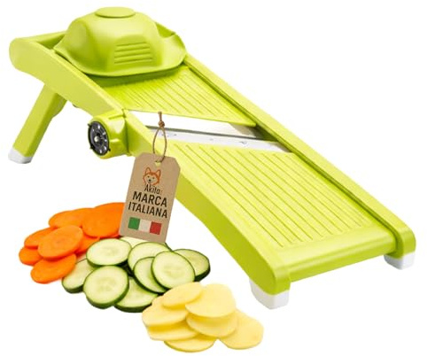 AKITAInk Mandolina Affettaverdure con Salvamano, 5 Tipi di Taglio Regolabile, Lama in Acciaio Inox, Julienne e Fette 3-6-9 mm, Affettatrice Manuale per Verdure, Facile da Pulire