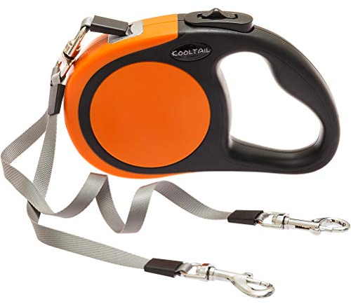 KOOLTAIL Doppelte, einziehbare Leine für zwei Hunde bis zu 50 kg, strapazierfähig, doppelköpfig, 4,8 m, flexibel, ausziehbar, um 360 Grad verhedderungsfrei, Ein-Knopf- und Verriegelungs-Bremsleine für