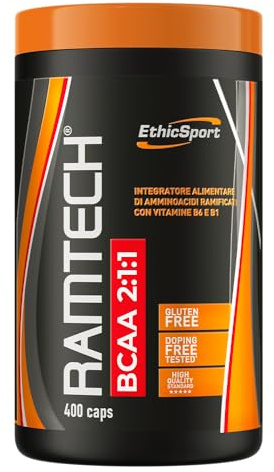 Ramtech BCAA 2:1:1 EthicSport – Aminoacidi ramificati in capsule con Vitamine B6-B1 – 5000 mg BCAA per dose – metabolismo energetico e proteico – Barattolo da 400 cps