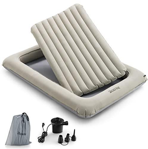 COSTWAY Luftbett Kinder, 2 in 1 Aufblasbares Kinderbett mit Matratze, Luftmatratze mit Elektropumpe, Tragetasche & Reparaturset, Kinderreisebett bis 150 kg Belastbar, 165 x 118 x 20cm (Grau)