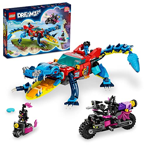 LEGO DREAMZzz Crocodile Car 71458 Building Toy Set, Rebuilds from Car to Off-Roader Truck Toy and Mini-Boat, Features Cooper, Jayden, and The Night Hunter Minifigures, Birthday Gift for 8 Year Olds
