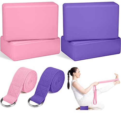 Jexine 6 Pcs Yoga Block and Strap Set 4 Pcs 9 x 6 x 3 Inches EVA Foam Pilates Block 2 Pcs Cotton Yoga Strap for Beginners Experienced Pilates Fitness Stretching