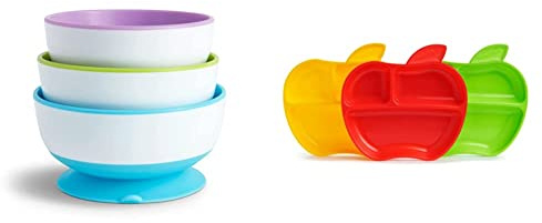 Munchkin Stay Put Baby Suction Bowl Set - Baby Feeding Dishes with Compartments & Lil' Apple Kids Divided Plates