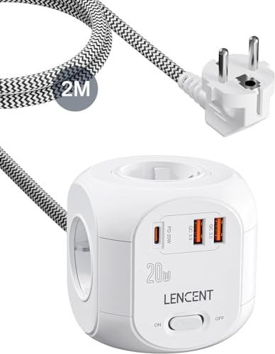 LENCENT PD20W Schnellladung 4 Fach Steckdosenleiste Steckdosenwürfel 7 in 1 Mehrfachsteckdosen Cube Steckdose Steckerleiste mit 2 USB-A & 1 USB-C, USB Mehrfachstecker mit 2 Meter Geflochtenem Kabel
