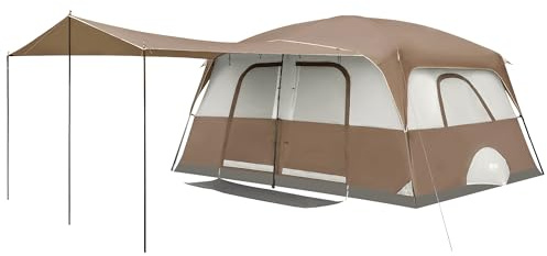 Portal 10 Person Camping Tent with Porch, Big Family Cabin Tent with 2 Rooms, 2 Doors, 2 Ground Vents, 6 Large Mesh Windows, Divided Curtain for Camping, Outdoor, Traveling, Water Resistant, Brown