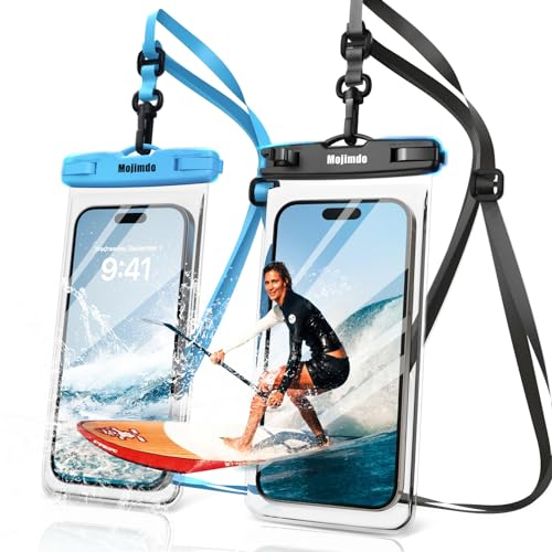 Mojimdo 8,0 Große Wasserdichte Handyhülle - IPX8 Unterwasser Handytasche | Urlaub must haves | Wasserfeste Hülle für Tauchen für iPhone 15 14 13 12 Pro Max Samsung S23 S22 (Schwarz+Blau - Große 8,0)
