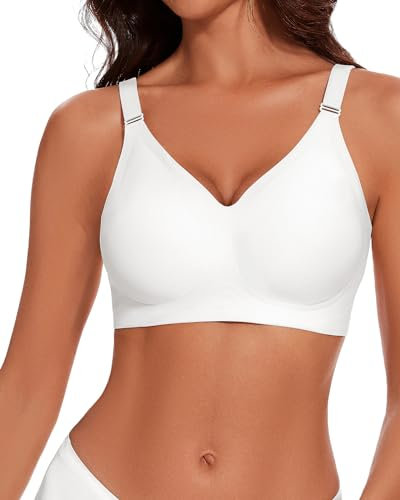 WOWENY Reggiseno da Donna Senza Ferretto, Reggiseno Push up, Comodo, Senza Cuciture, con Spalline Regolabili, Senza Ferretto, Bianco, L