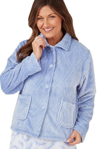Marlon Women's Lucy Fleece Bed Jacket - Soft Short Robe with Collar, Long Sleeves & Button or Zip Closure - Cosy & Warm Loungewear, Blue Embossed, 20-22