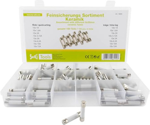 SeKi 160 delar finsäkring/keramiska säkringar 6 x 30 sortiment 160 stycken 16 typer; 8 x flink + 8 x trög 1A, 1,6A, 2A, 3,15A, 5A, 6,3A, 10A och 15A säkring, glasrörsäkring; keramik