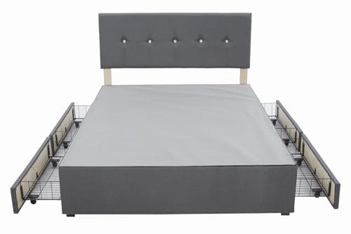 Panana Grey Divan Double Bed Linen Fabric Divan Bed Frame With/without Headboard Storage Drawers (with Crystals Headboard, 4 Drawers, 4FT6 Double)