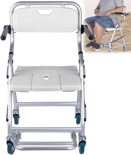 Sedia da Doccia per Anziani con Rotelle, Sedia da Doccia con Schienale e Braccioli Estraibili, Sedile per Vasca da Bagno, Sedia da Toilette Pieghevole - Ausilio Supporto per Anziani