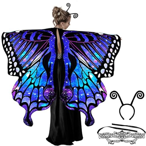 CIYIN Costume de Papillon Adultes, Costume d'ailes de Papillon pour Femme Ailes Papillon d'Écharpe avec Masques et Bandeaux,Ailes de Papillon Adulte Cape,pour Fête Cosplay Carnaval Mascarade (Violet)