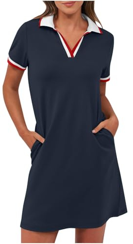 BFSWL Robe polo à manches courtes pour femme - Longueur genou - Robe de sport - Robe d'été - Robe de golf - Couleur unie - Robe de tennis à revers - Mini robe de tennis avec poches - Robe pour femme