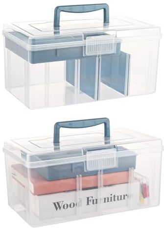 VIDETOL 2 Pcs Stackable Clear Storage Craft Box with Lid and Handle, Mulit Purpose Plastic Storage Boxes with Compartment, Storage Container Portable for Storing Toy, Arts Craft, Stationery, Sewing