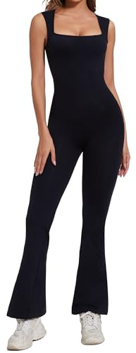 SHAPERIN Damen Flared Jumpsuit Shapewear Ärmellos Eckiger Ausschnitt Bodycon Jumpsuits Lang Overall Elegant Rompers Yoga Sport Schwarz Small