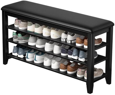 Shoe Rack Bench Entryway Storage with Leather Cushion, Shoe Organizer Bench for Entryway, Ideal for Front Doors Entrances Hallway Mudroom Featuring Rubberwood And 3 Height-Adjustable Removable Shelve