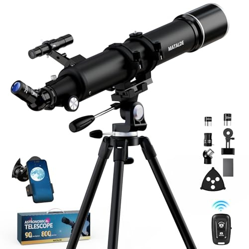 Télescope réfracteur de 800 mm de focale et d'ouverture de 90 mm, idéal pour débutants et Adultes. Grossissement de 32x à 240x. Lentille de Barlow 3X et Adaptateur pour téléphone Inclus (Noir)