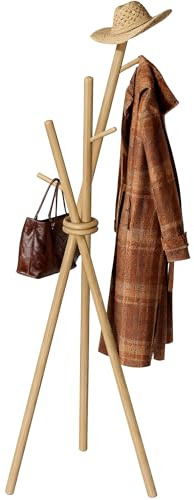 VICITON Wooden Coat Rack, Tripod Coat Tree Freestanding with 3 Hooks for Clothes, Hats and Handbags, Coat Hanger Stand for Bedroom, Living Room, Entryway (Light)